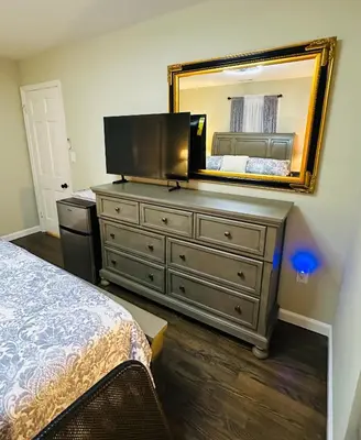 a bedroom with a dresser with a large mirror at The Trenton Two 2BR Peaceful Oasis with Patio - Shared Home in Trenton