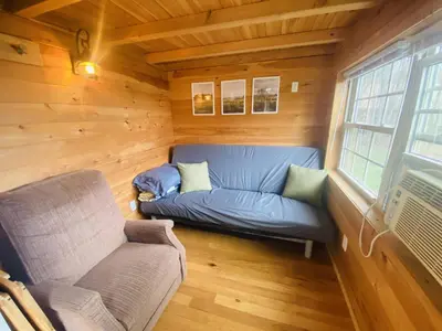 a room with a couch and a chair in a cabin at UndertheWillows by Towanda Sayre in Ulster
