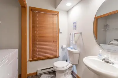 a bathroom with a toilet and a sink and a mirror at HOT TUB 4 Min Dr to Camelbeach in Tannersville