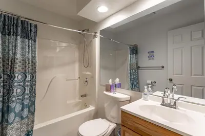 a bathroom with a toilet and a sink and a shower at HOT TUB 4 Min Dr to Camelbeach in Tannersville