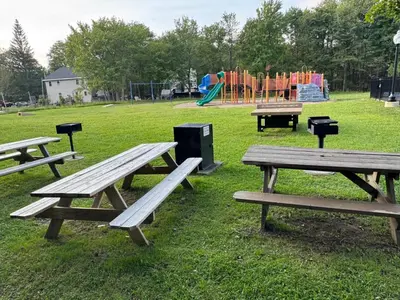 a group of picnic tables in a park with a playground at Lovely tranquil spot for family and friends to gather in Tobyhanna