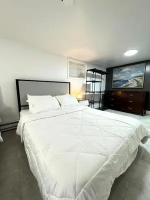 a large white bed in a bedroom with a tv at Open Serene Suite - 10mins-EWR, 25mins-NYC in Irvington