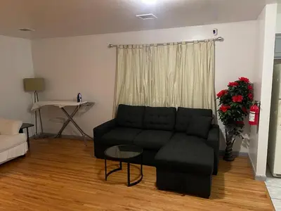 a living room with a black couch and a table at Peculiar 153 in Newark