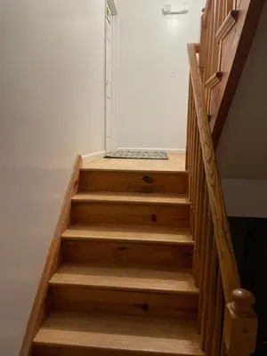 a stairway with wooden steps in a room at Peculiar 153 in Newark