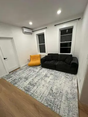 a living room with a black couch and a rug at The View - Direct Bus Time Square NYC Breakfast Included - C in Jersey City
