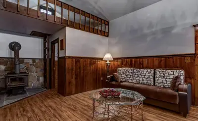 a living room with a couch and a fireplace at Cozy Cottage Rental with Small Private Pond in Canadensis, Pennsylvania in Canadensis