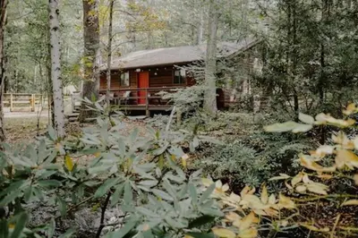 a log cabin in the middle of a forest at Idyllic Log Cabin Rental with a Porch in the Poconos of Pennsylvania in Canadensis