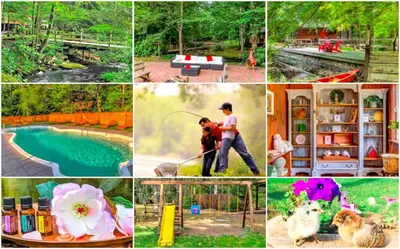 a collage of pictures of people and animals and a pool at Idyllic Log Cabin Rental with a Porch in the Poconos of Pennsylvania in Canadensis