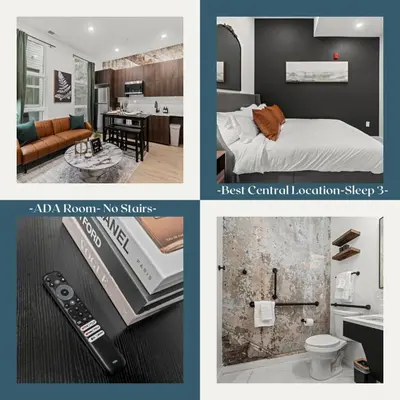 a collage of two pictures of a bedroom and a bathroom at Walk to Everything in Old City- ADA compliant unit in Philadelphia