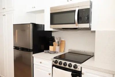 a kitchen with a stove and a microwave and a refrigerator at East Village Center Apartment7 w Full Amenities Great New York Location in New York