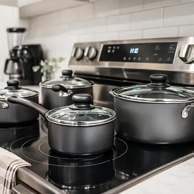 three pots on a stove in a kitchen at 1Bed1Bath-CentralKingBed,WD,WIFI in Philadelphia