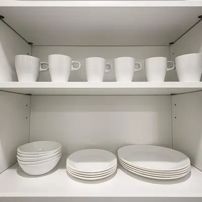 a kitchen with white plates and cups on shelves at 1Bed1Bath-CentralKingBed,WD,WIFI in Philadelphia