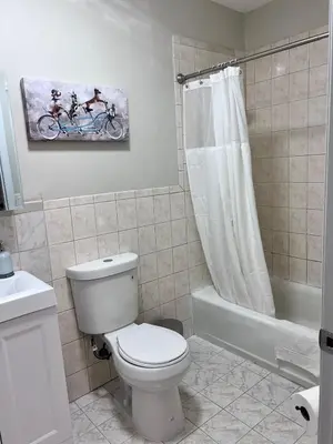 a bathroom with a toilet and a painting on the wall at Haven 2 Bedroom by EWR airport in Newark