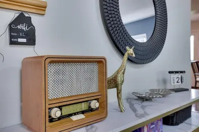 a small radio sitting on a table with a giraffe statue at Remodeled 4BR w Yard, Fire Pit, Near Camelback in Tannersville