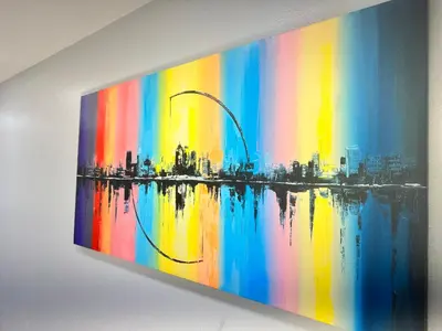 a painting of a city on a wall at BP STAYS - Hotel-Style, No Host, Professionally Managed ID252 in Jersey City