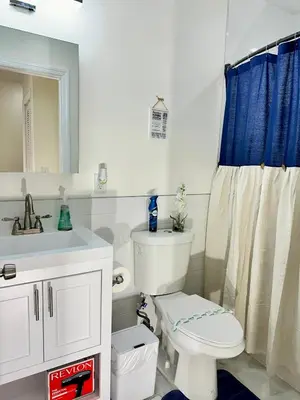 a bathroom with a white toilet and a blue shower curtain at BP STAYS - Hotel-Style, No Host, Professionally Managed ID255 in Jersey City