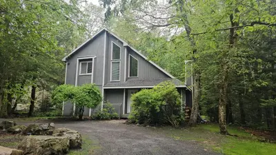 a gray house in the middle of the forest at Cozy Retreat in Scenic Poconos in Tobyhanna