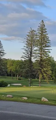 a golf course with a green with trees and a hole at Cozy Retreat in Scenic Poconos in Tobyhanna