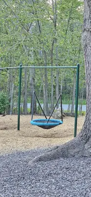a blue swing in a park next to a tree at Cozy Retreat in Scenic Poconos in Tobyhanna