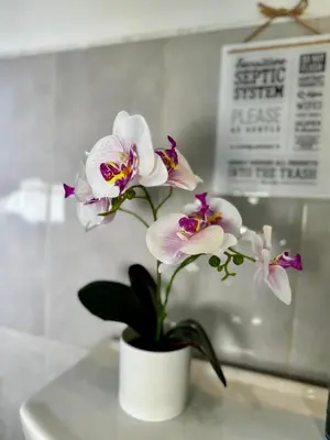 a white vase filled with white and purple flowers at BP STAYS - Hotel-Style, No Host, Professionally Managed ID289 in Jersey City