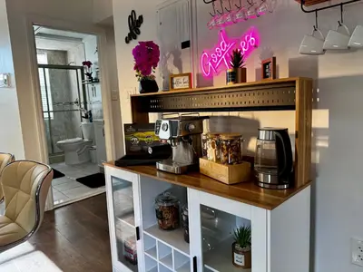 a kitchen with a counter with a coffee maker on it at BP STAYS - Hotel-Style, No Host, Professionally Managed ID289 in Jersey City