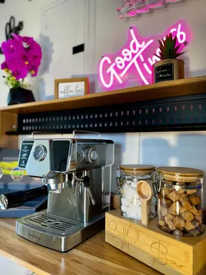 a mixer sitting on a counter with jars of food at BP STAYS - Hotel-Style, No Host, Professionally Managed ID289 in Jersey City