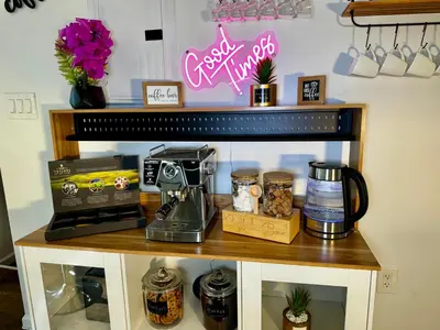 a counter with a coffee maker and a coffeemaker on it at BP STAYS - Hotel-Style, No Host, Professionally Managed ID289 in Jersey City