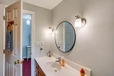a bathroom with a sink and a mirror at Honey Bee Farm On-Site Susquehanna Valley Apt! in Dalmatia