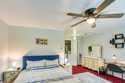 a bedroom with a bed and a ceiling fan at Honey Bee Farm On-Site Susquehanna Valley Apt! in Dalmatia