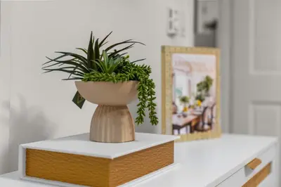a plant in a vase sitting on top of a counter at Chic Modern Unit in NYC in Brooklyn