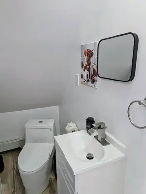 a white bathroom with a toilet and a mirror at Spacious duplex retreat in city w/ Parking nearby in Jersey City