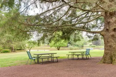two picnic tables and chairs under a tree in a park at Fish and Hike Lakeside Poconos Retreat, Unit 4 in Bangor