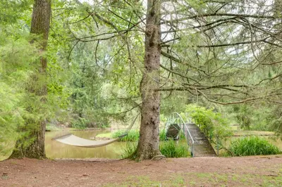 a hammock in a park next to a river with a bridge at Fish and Hike Lakeside Poconos Retreat, Unit 4 in Bangor