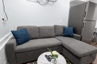a living room with a gray couch and blue pillows at New 3 Bed & 1 Bed Apt Lake Park Station EWR Airport Path Train Subway Bus Hospital Rahway NJ Manhattan NYC in Rahway