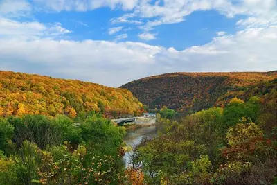 a bridge over a river in the middle of a forest at Rustic Mountain Escape Waterpark, Ski & Views! in Tannersville