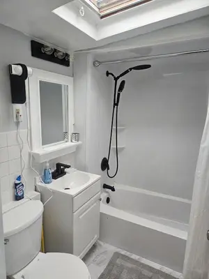 a bathroom with a shower and a toilet and a sink at Super Comfy Entire Home in Scranton