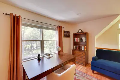 a home office with a desk and a window at Creek Dips and Smores Catskills Gem