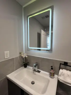 a bathroom with a sink and a mirror at New 1BR Walk to Pats & Genos in Philadelphia
