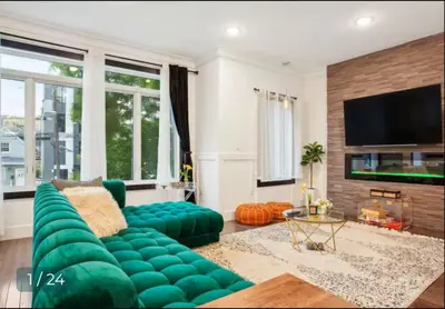 a living room with a green couch and a tv at Contemporary Luxury 3 Bdr Apt for 6 with Free Parking in Jersey City