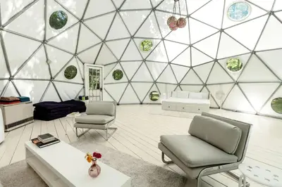 a living room with a glass dome ceiling at Incredible Spacious Dome for A Group Glamping Experience Surrounded by Nature in Woodridge, New York in Woodridge
