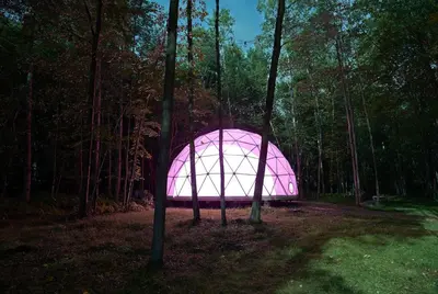 a pink igloo in the middle of a forest at Incredible Spacious Dome for A Group Glamping Experience Surrounded by Nature in Woodridge, New York in Woodridge
