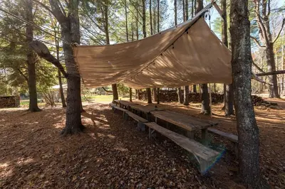 a hammock tied to two trees in a park at Cozy Unique Dome for a Romantic Glamping Getaway on a Private Farm in Woodridge, New York in Woodridge