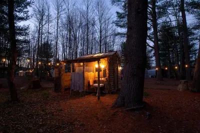 a cabin in the woods at night with a tree at Gorgeous Fully Restored Caravan Nestled in the Trees Along Silver Lake for a Unique Vacation in Woodridge, New York in Woodridge
