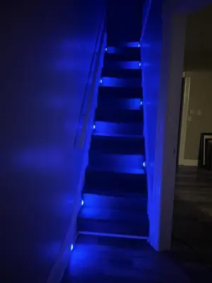 a blue staircase with blue lights on it at Little France Alsace in Phillipsburg