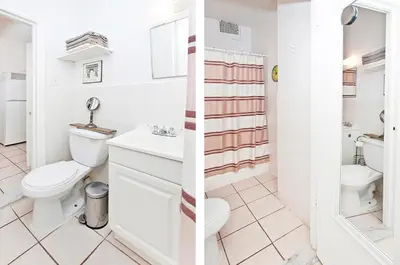 two pictures of a bathroom with a toilet and a sink at Mid Town East Street Apartments Next to Times Square in New York