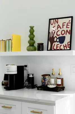 a white counter top with a shelf with items on it at Quiet close to NYC BBQ Deck in Jersey City