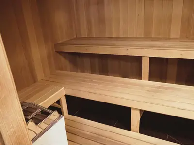 a sauna with wooden shelves and a stove at W residence in New York