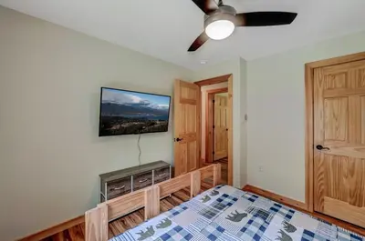 a bedroom with a bed and a flat screen tv at Tree Haven- fenced yard, hot tub, fire pit in Hawley