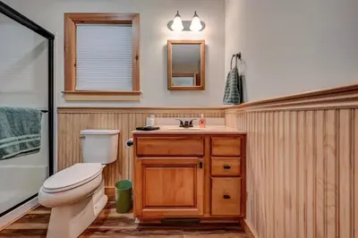 a bathroom with a toilet and a sink at Tree Haven- fenced yard, hot tub, fire pit in Hawley