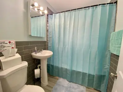 a bathroom with a sink and a toilet and a shower at Tropical Oasis - Room 1 in Irvington